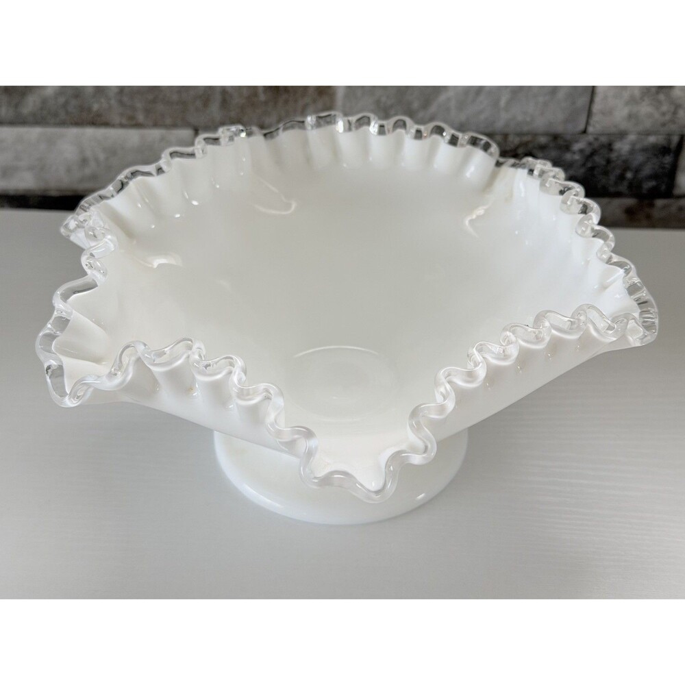 Vintage Fenton Silver Crest Candy Dish (Ruffled Clear Edge on White Milk Glass)